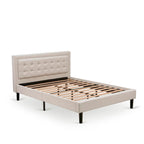 Lit plateforme - Tête de lit en tissu de lin capitonné avec garniture boutonnée - Pieds noirs