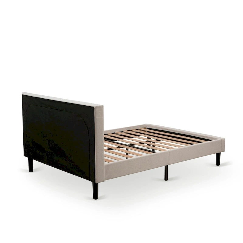 Lit plateforme - Tête de lit en tissu de lin capitonné avec garniture boutonnée - Pieds noirs
