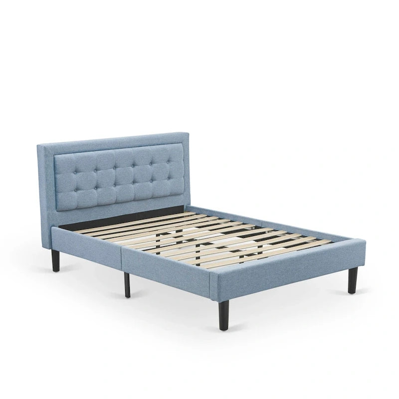 Lit plateforme - Tête de lit en tissu de lin capitonné avec garniture boutonnée - Pieds noirs
