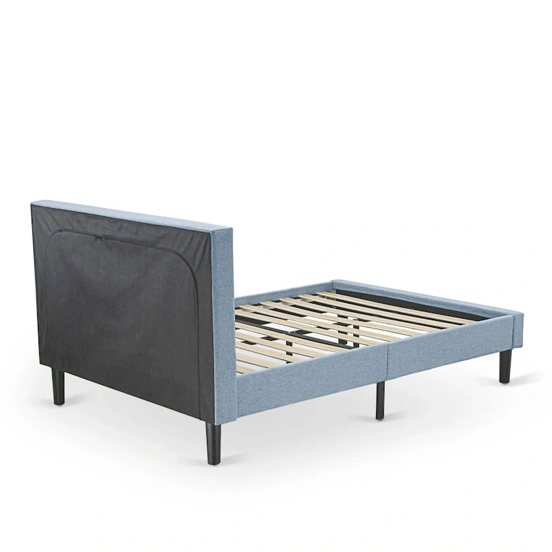 Lit plateforme - Tête de lit en tissu de lin capitonné avec garniture boutonnée - Pieds noirs