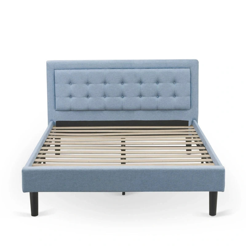 Lit plateforme - Tête de lit en tissu de lin capitonné avec garniture boutonnée - Pieds noirs