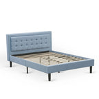 Lit plateforme - Tête de lit en tissu de lin capitonné avec garniture boutonnée - Pieds noirs