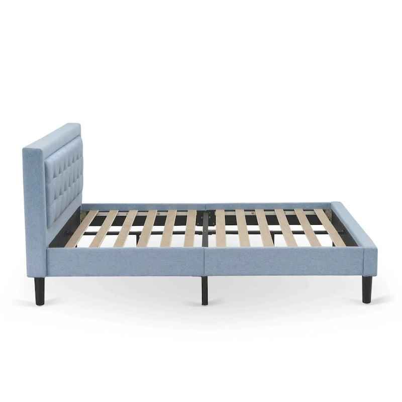 Lit plateforme - Tête de lit en tissu de lin capitonné avec garniture boutonnée - Pieds noirs