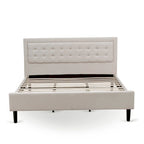 Lit plateforme - Tête de lit en tissu de lin capitonné avec garniture boutonnée - Pieds noirs