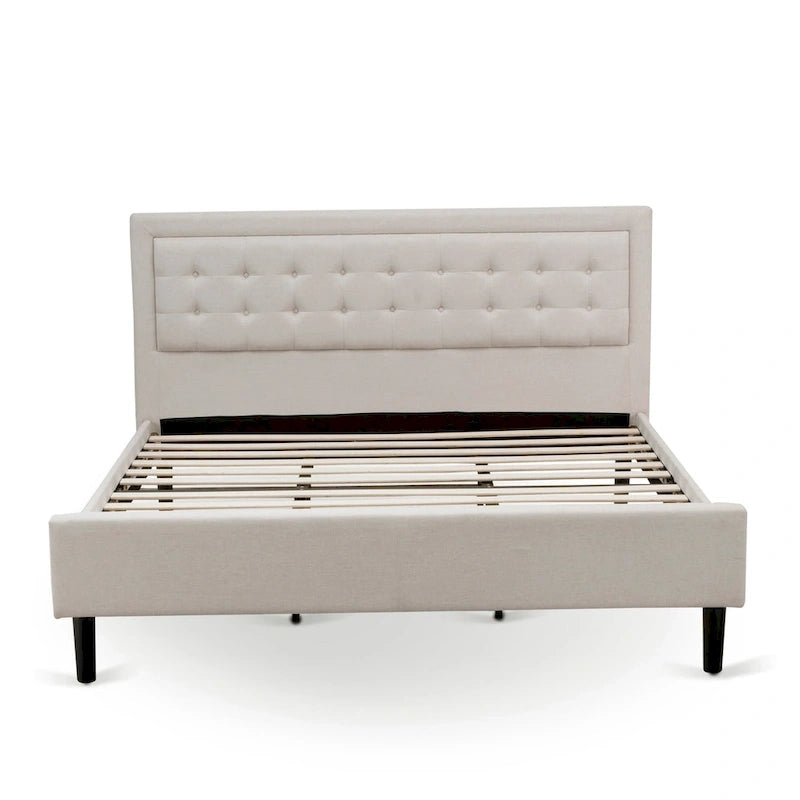 Lit plateforme - Tête de lit en tissu de lin capitonné avec garniture boutonnée - Pieds noirs