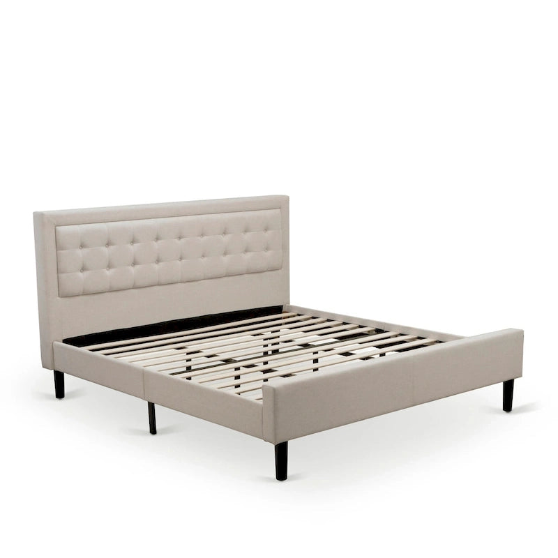 Lit plateforme - Tête de lit en tissu de lin capitonné avec garniture boutonnée - Pieds noirs