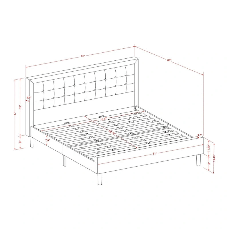 Lit plateforme - Tête de lit en tissu de lin capitonné avec garniture boutonnée - Pieds noirs