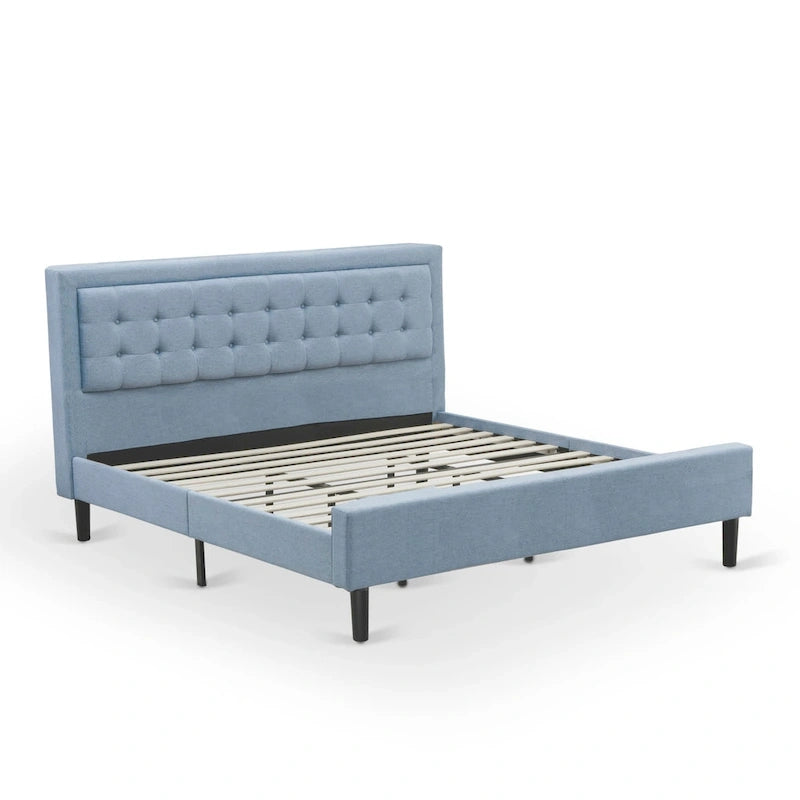 Lit plateforme - Tête de lit en tissu de lin capitonné avec garniture boutonnée - Pieds noirs