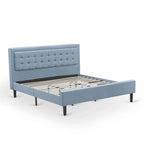 Lit plateforme - Tête de lit en tissu de lin capitonné avec garniture boutonnée - Pieds noirs