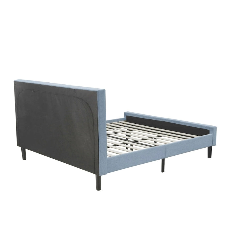 Lit plateforme - Tête de lit en tissu de lin capitonné avec garniture boutonnée - Pieds noirs