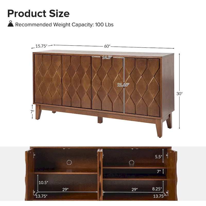 Buffet moderne du milieu du siècle de 152 cm avec étagères réglables