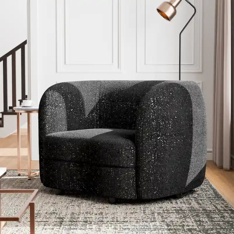 Fauteuil d'appoint moderne en bouclette avec accoudoirs incurvés, assise de style haricot et pieds ronds en bois