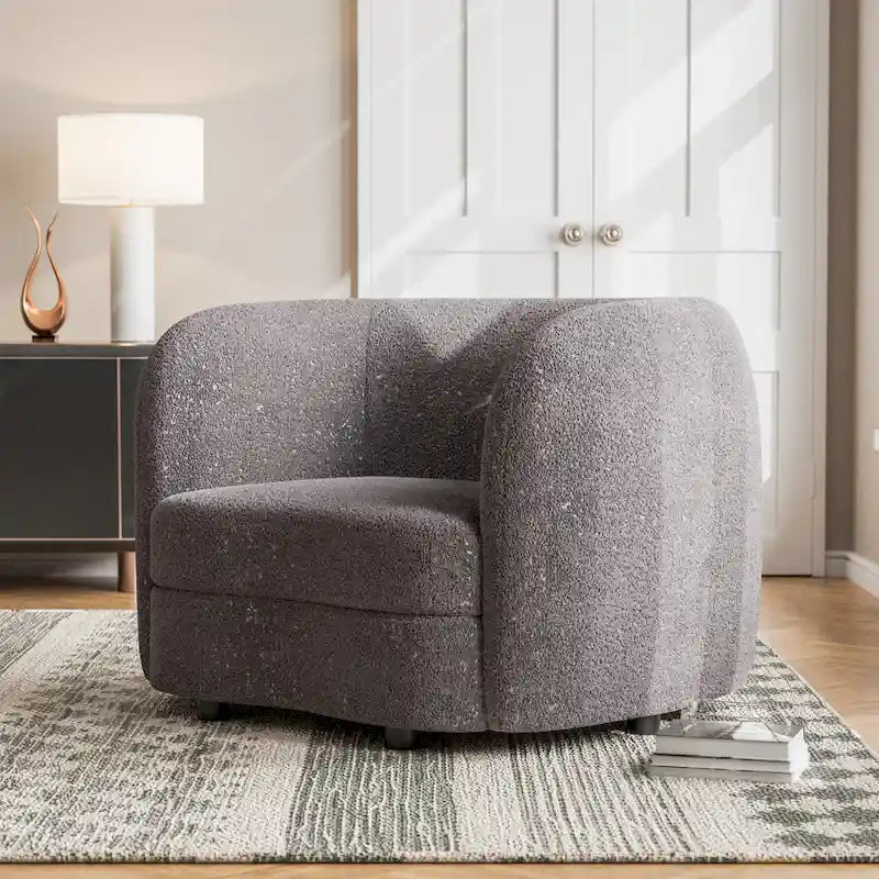 Fauteuil d'appoint moderne en bouclette avec accoudoirs incurvés, assise de style haricot et pieds ronds en bois