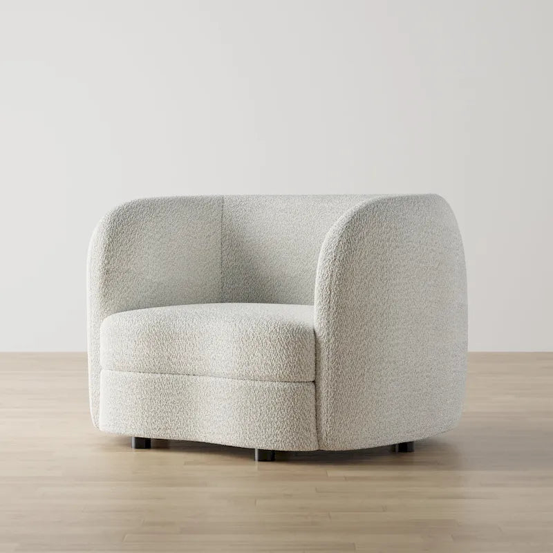 Fauteuil d'appoint moderne en bouclette avec accoudoirs incurvés, assise de style haricot et pieds ronds en bois