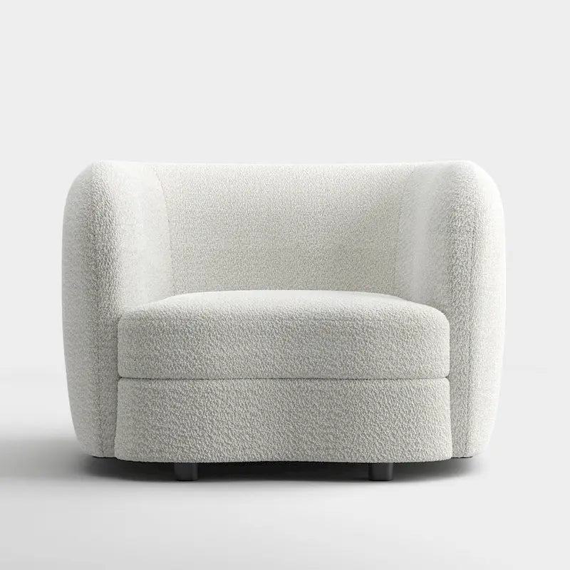 Fauteuil d'appoint moderne en bouclette avec accoudoirs incurvés, assise de style haricot et pieds ronds en bois