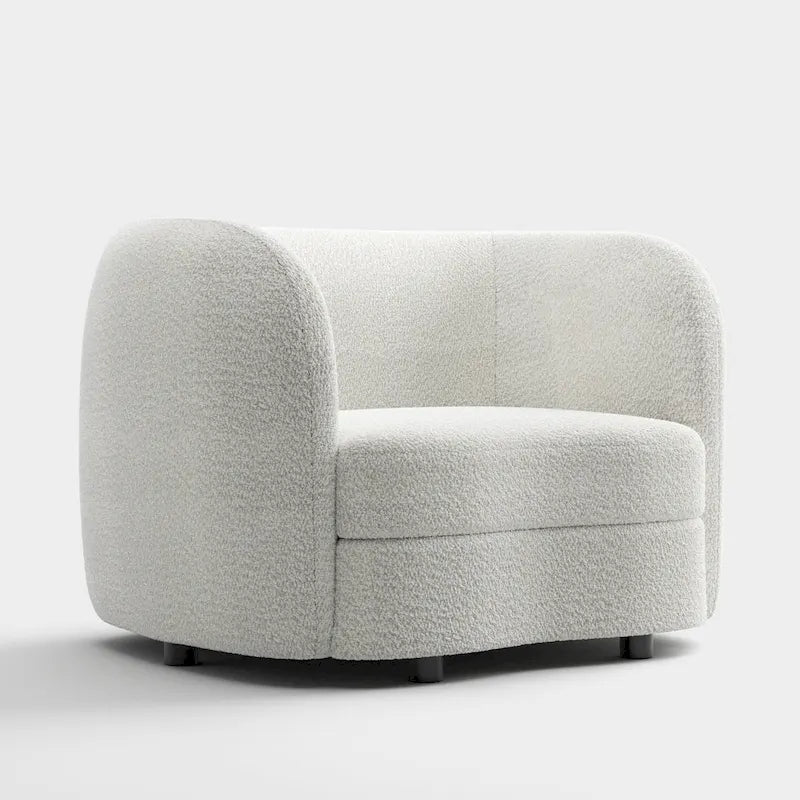 Fauteuil d'appoint moderne en bouclette avec accoudoirs incurvés, assise de style haricot et pieds ronds en bois