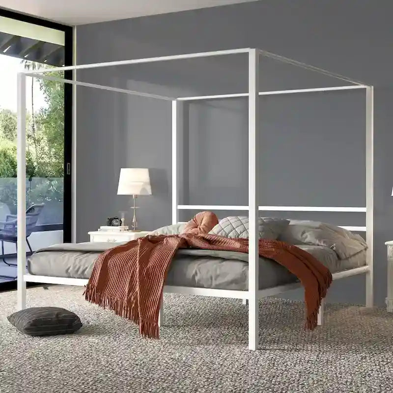Cadre de lit plateforme baldaquin en métal blanc King Size