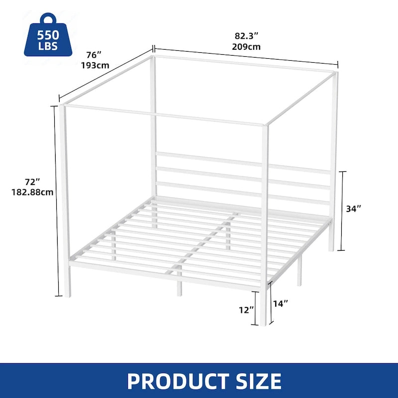 Cadre de lit plateforme baldaquin en métal blanc King Size