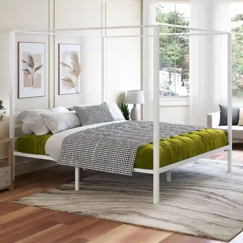 Cadre de lit plateforme baldaquin en métal blanc King Size