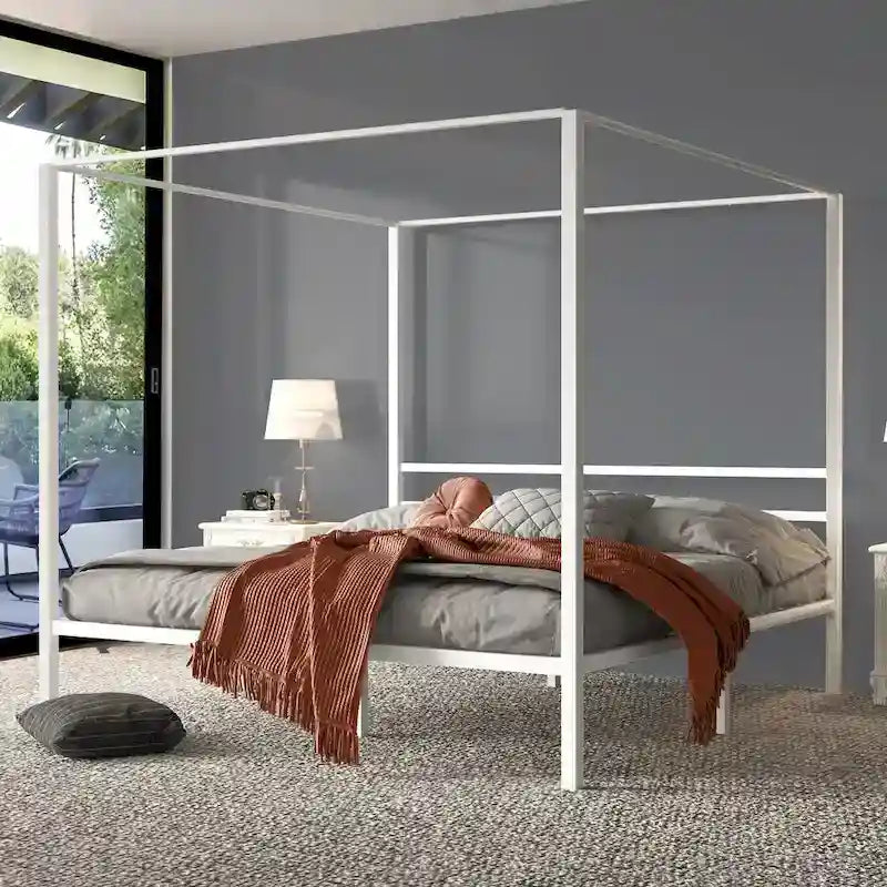 Cadre de lit plateforme baldaquin en métal blanc King Size