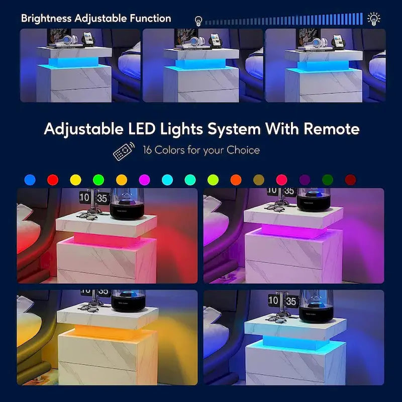 Table de chevet 2 tiroirs avec lumières LED