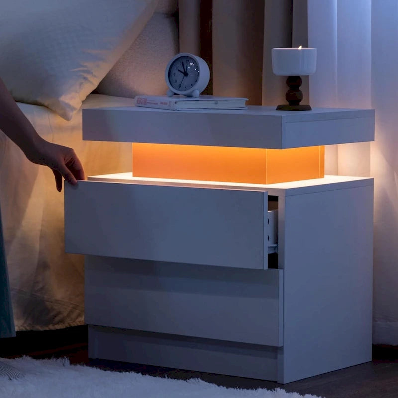 Table de chevet 2 tiroirs avec lumières LED