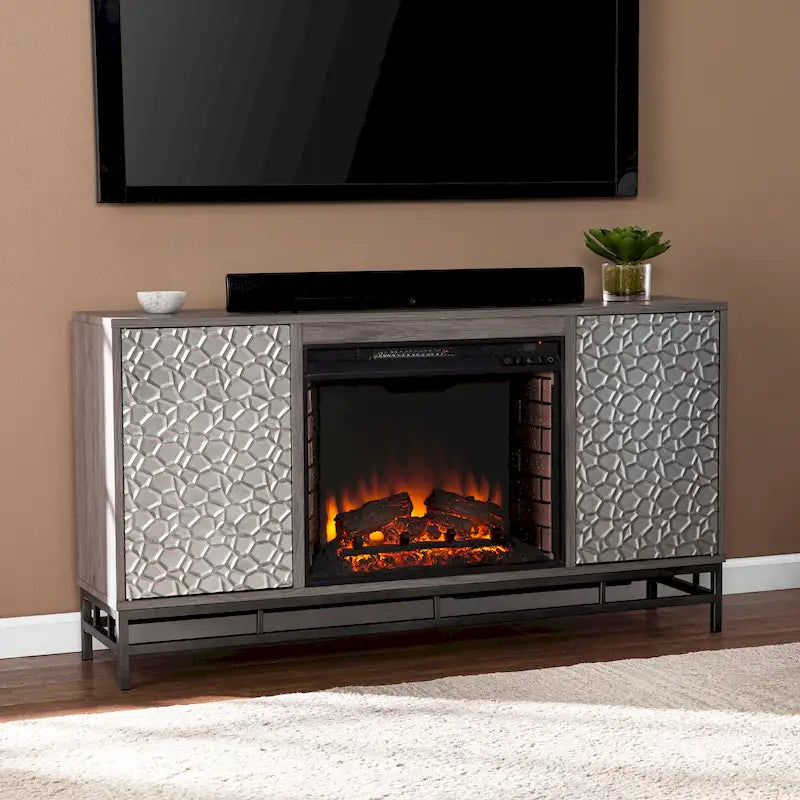 Meuble TV avec cheminée électrique en bois gris contemporain