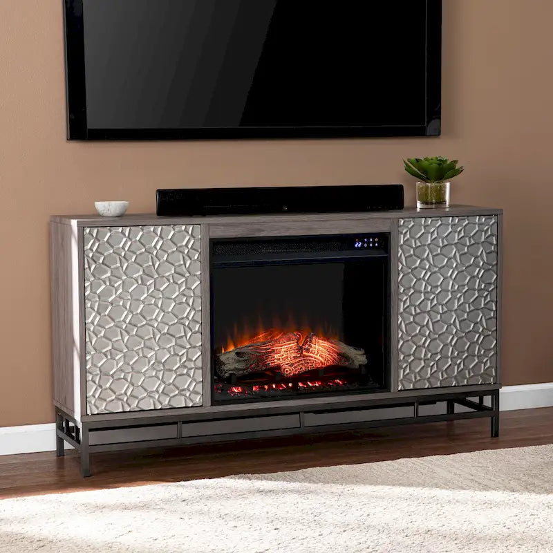Meuble TV avec cheminée électrique en bois gris contemporain
