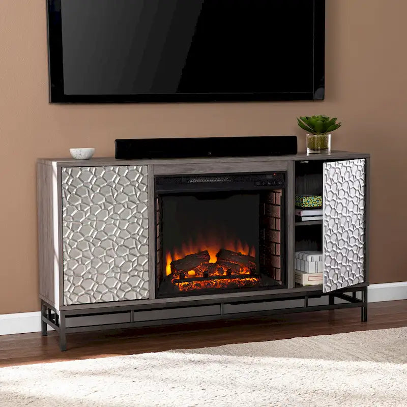Meuble TV avec cheminée électrique en bois gris contemporain