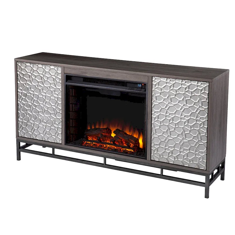 Meuble TV avec cheminée électrique en bois gris contemporain