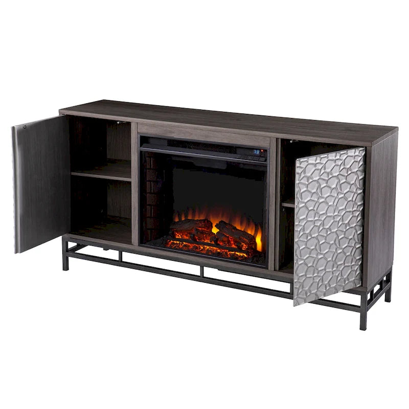 Meuble TV avec cheminée électrique en bois gris contemporain