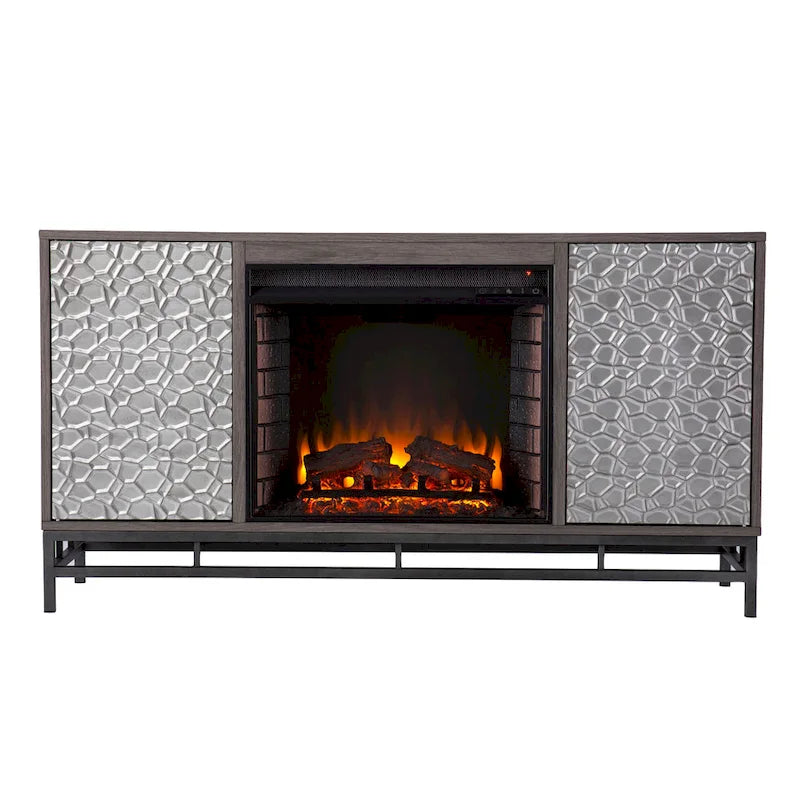 Meuble TV avec cheminée électrique en bois gris contemporain
