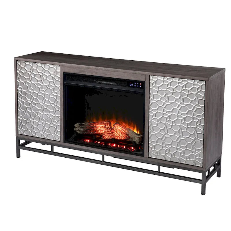 Meuble TV avec cheminée électrique en bois gris contemporain