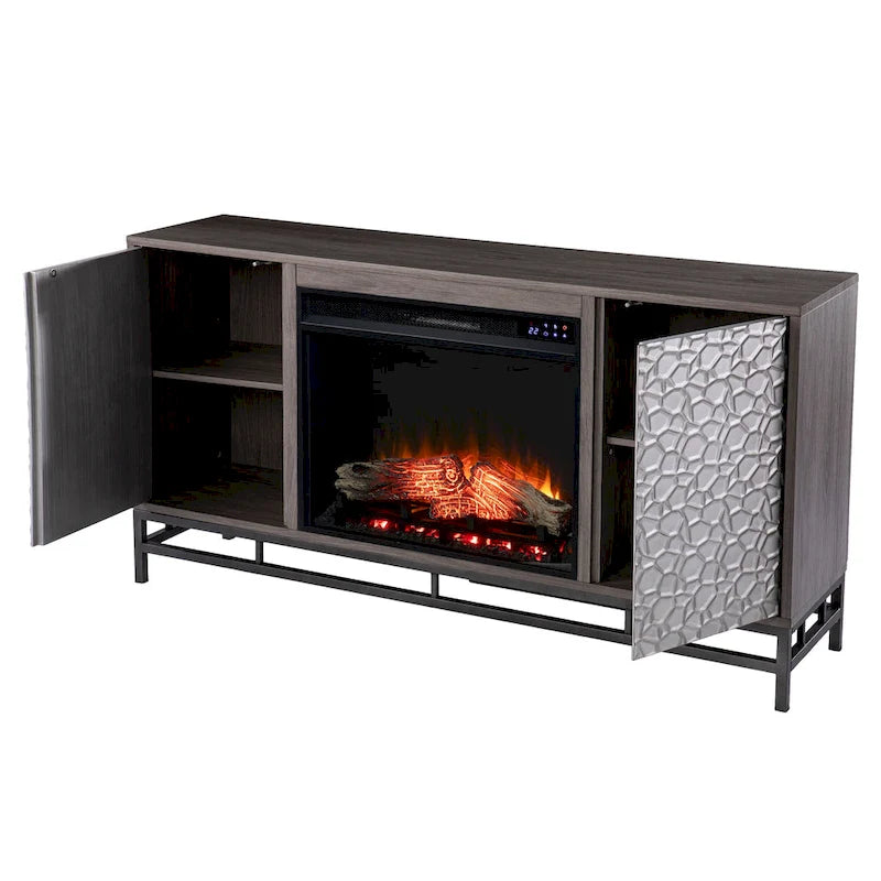 Meuble TV avec cheminée électrique en bois gris contemporain
