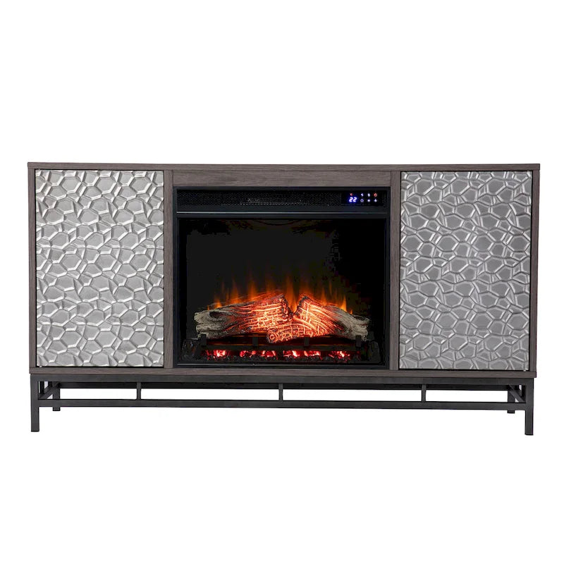 Meuble TV avec cheminée électrique en bois gris contemporain