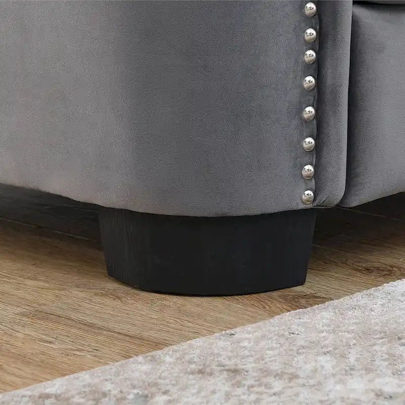 Canapé en velours capitonné de 77 pouces, 3 places avec accoudoirs cloutés et 2 coussins