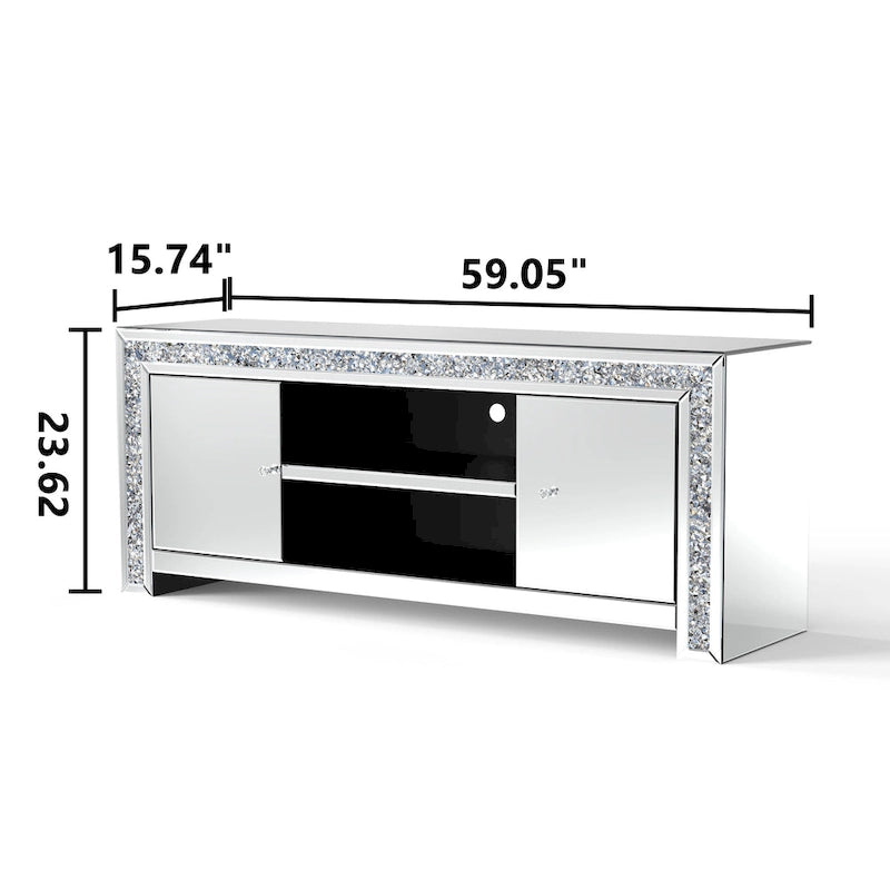 Meuble TV miroir de 59" avec incrustation de diamants concassés et placards de rangement