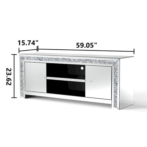 Meuble TV miroir de 59" avec incrustation de diamants concassés et placards de rangement