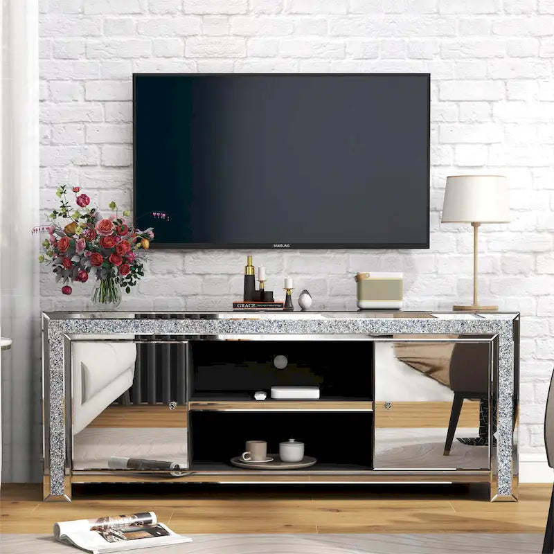 Meuble TV miroir de 59" avec incrustation de diamants concassés et placards de rangement
