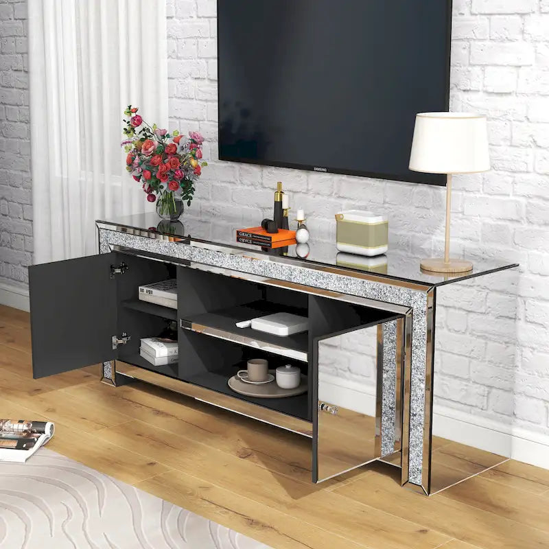 Meuble TV miroir de 59" avec incrustation de diamants concassés et placards de rangement