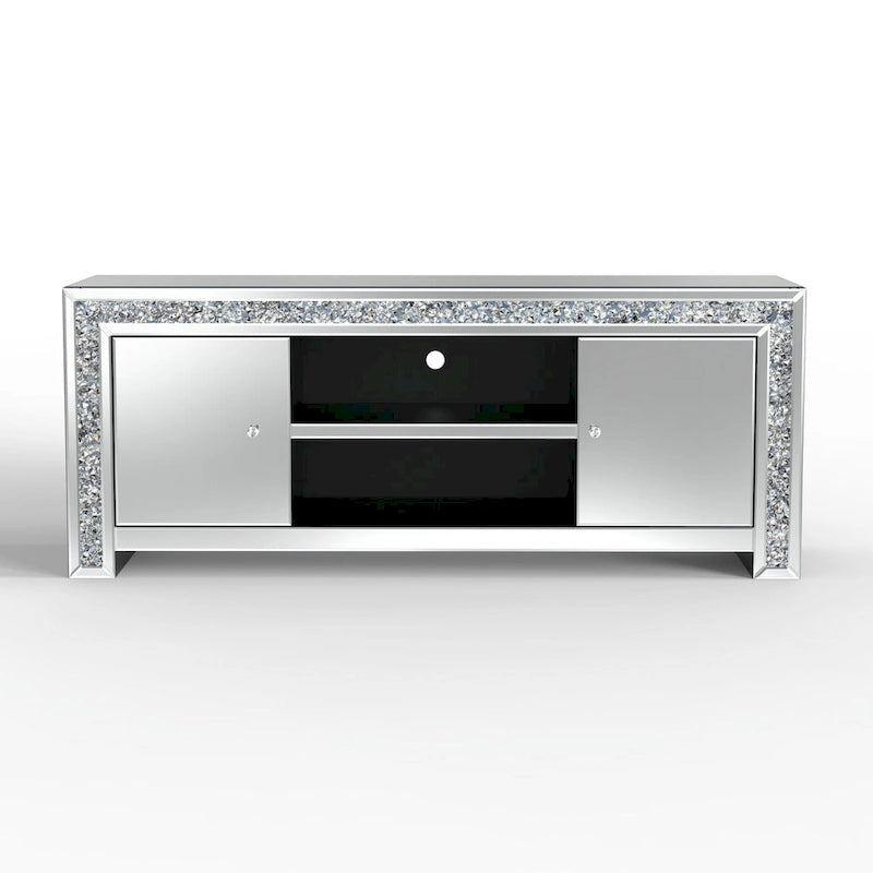 Meuble TV miroir de 59" avec incrustation de diamants concassés et placards de rangement