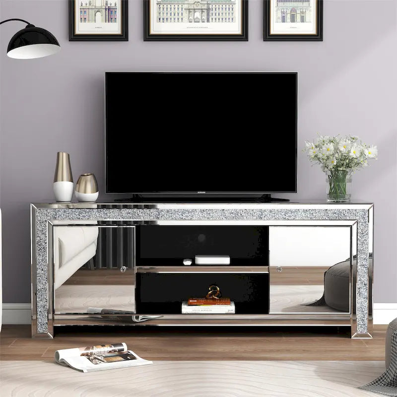 Meuble TV miroir de 59" avec incrustation de diamants concassés et placards de rangement
