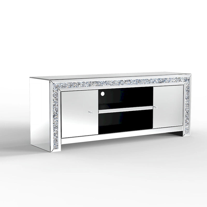 Meuble TV miroir de 59" avec incrustation de diamants concassés et placards de rangement