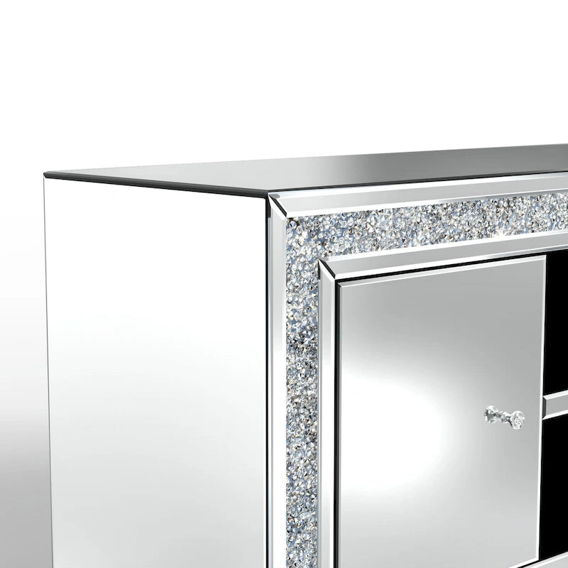 Meuble TV miroir de 59" avec incrustation de diamants concassés et placards de rangement