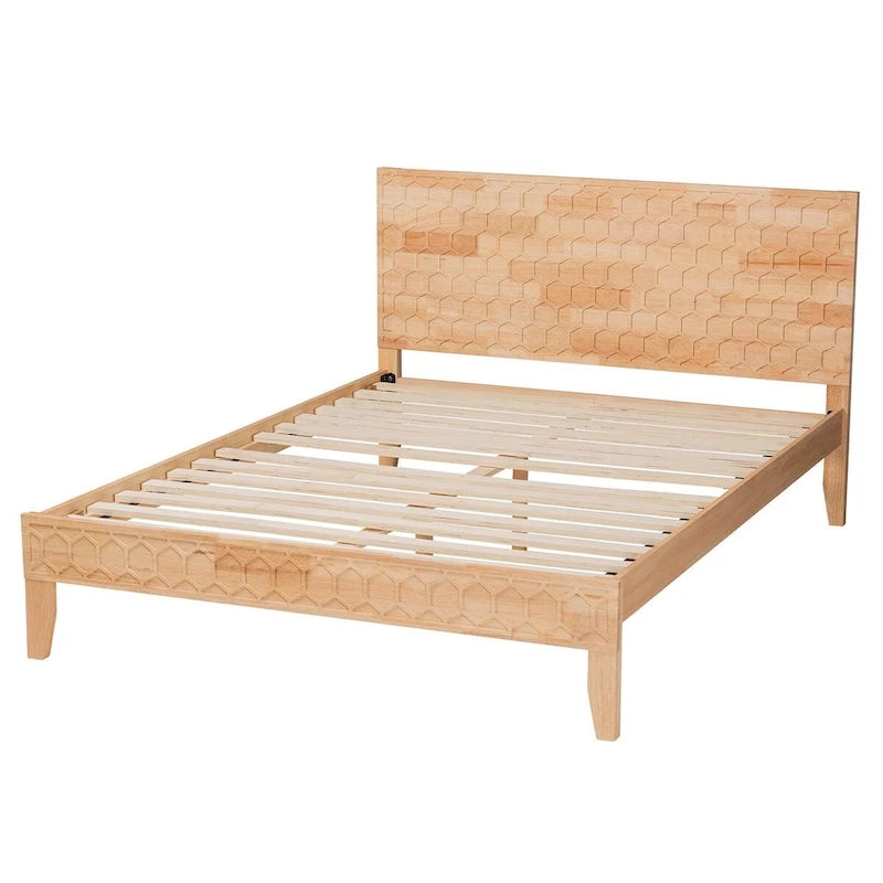 Lit plateforme sculpté en nid d'abeille – Bois naturel