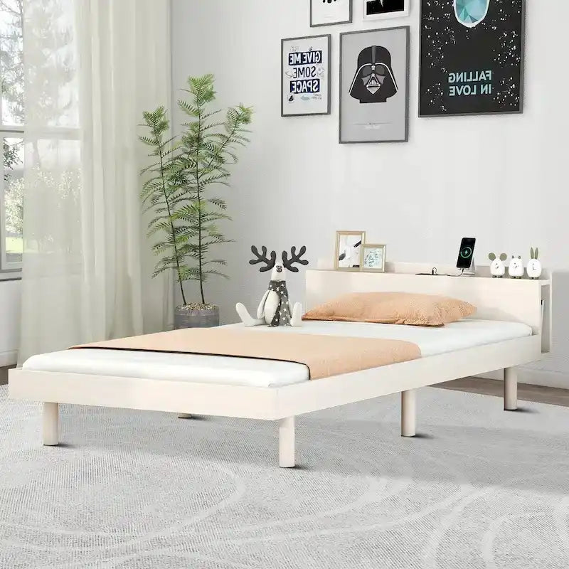 Cadre de lit plateforme en bois pour lit jumeau avec port de chargement USB