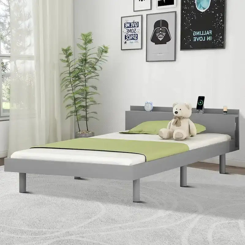Cadre de lit plateforme en bois pour lit jumeau avec port de chargement USB