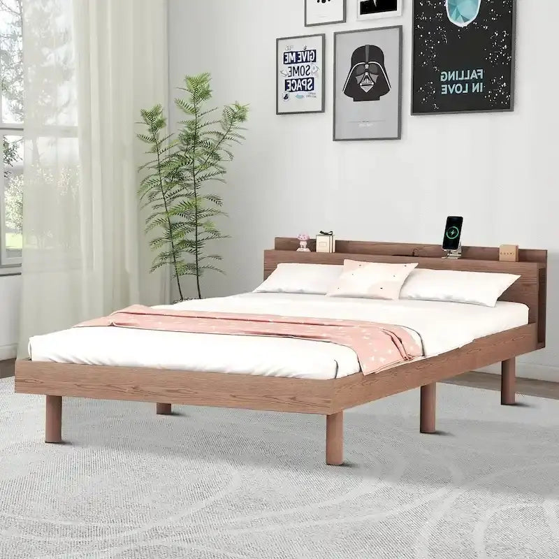 Cadre de lit plateforme en bois pour lit jumeau avec port de chargement USB