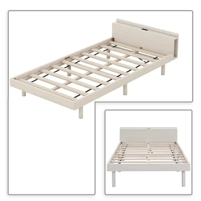 Cadre de lit plateforme en bois pour lit jumeau avec port de chargement USB