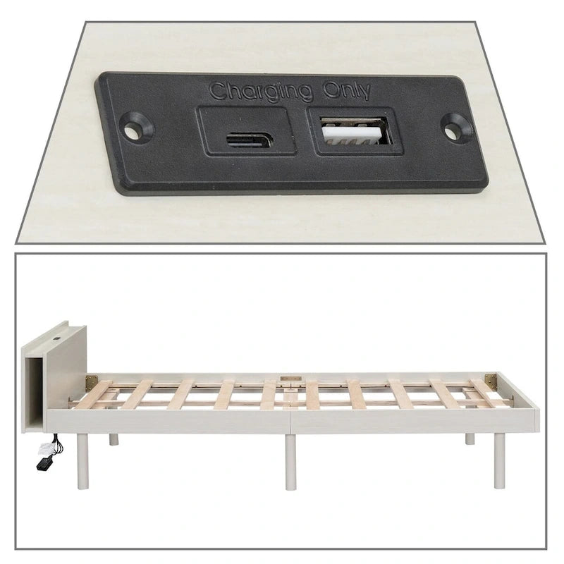 Cadre de lit plateforme en bois pour lit jumeau avec port de chargement USB